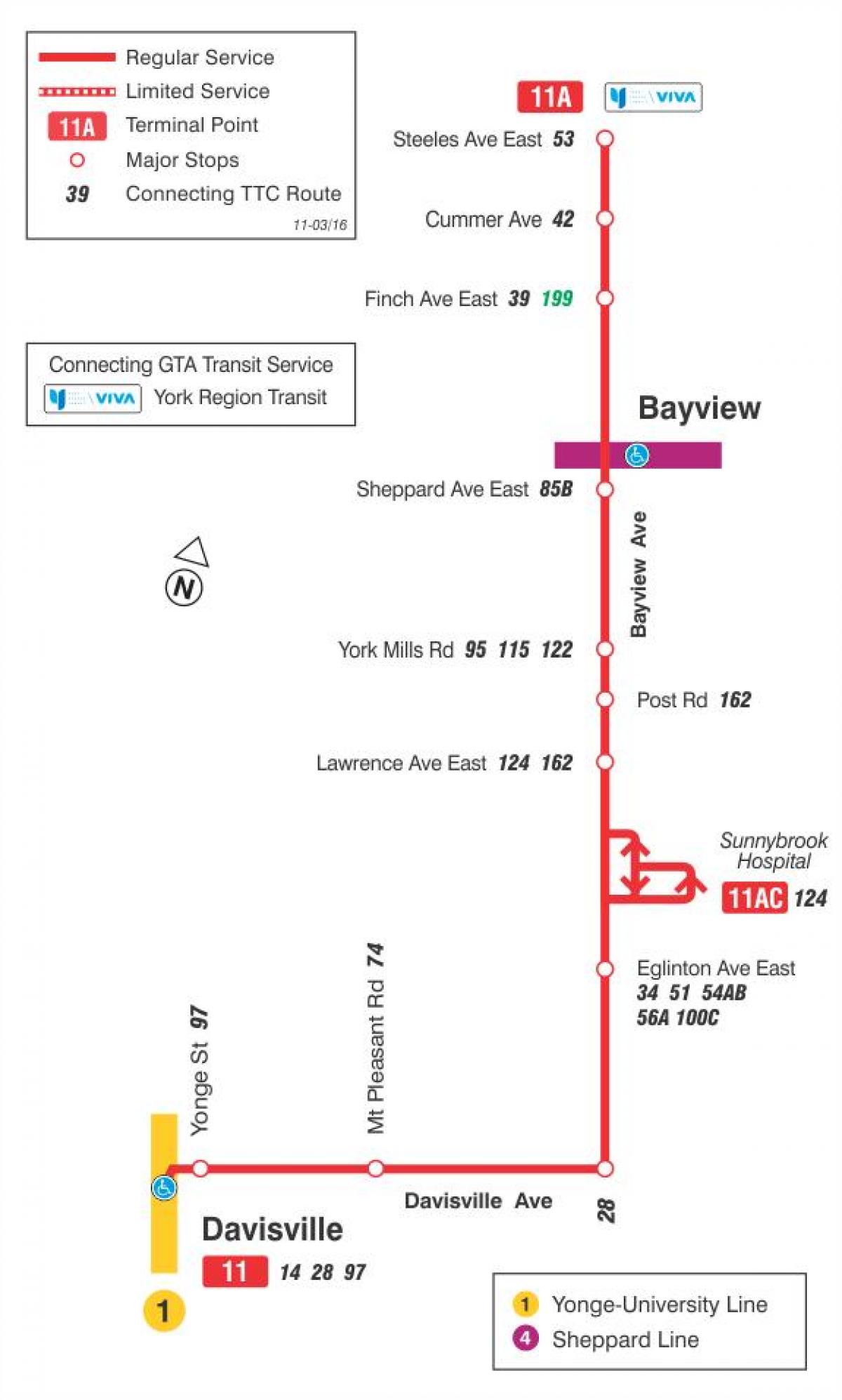 Mapa de la TTC ' 11 de Bayview autobús de Toronto