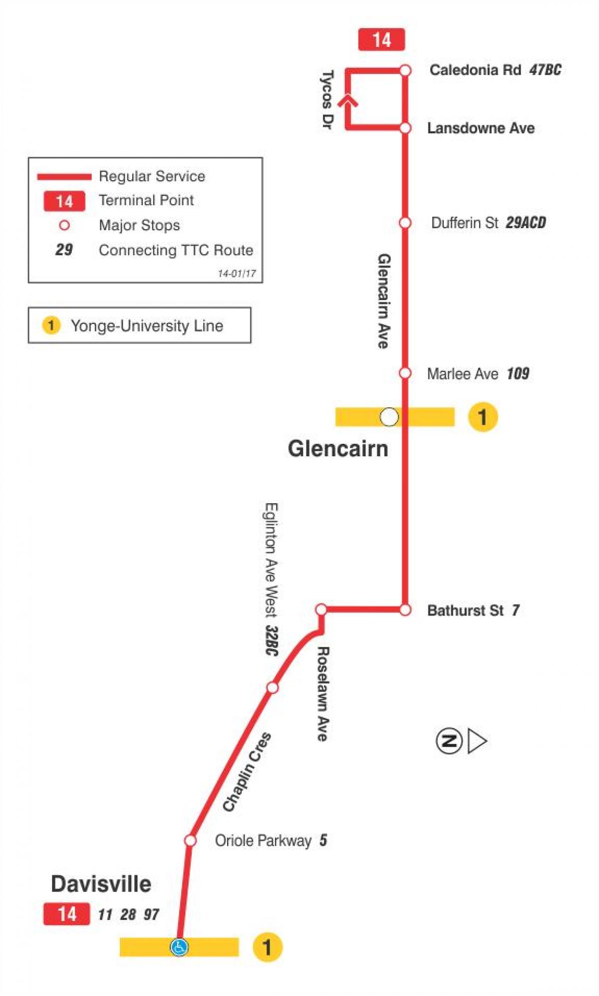 Mapa de TTC 14 Glencairn autobús de Toronto