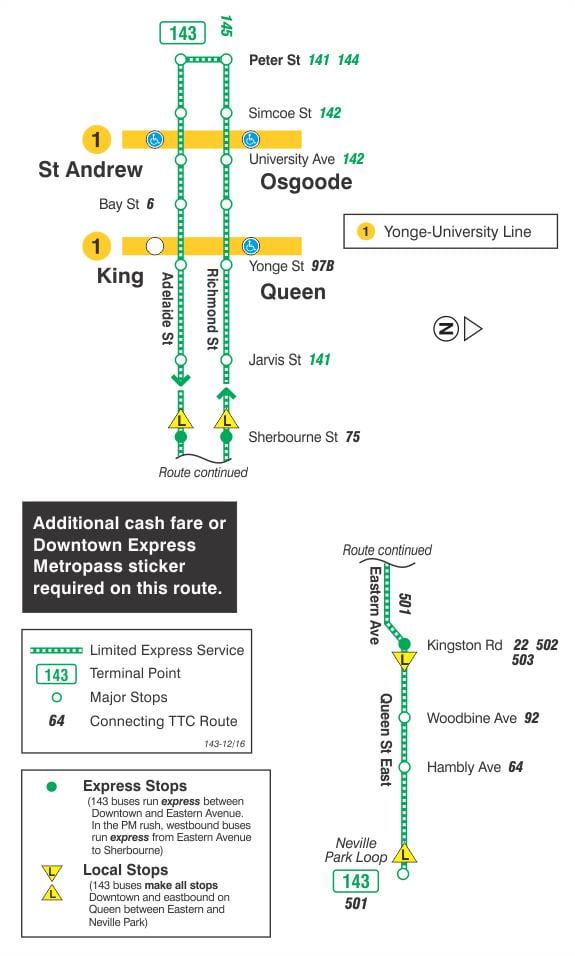 Mapa de TTC 143 Centre / Platja Express autobús de Toronto