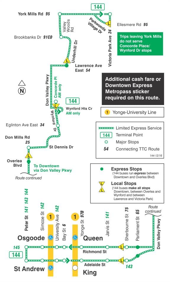 Mapa de TTC 144 del Centre / Don Vall Express autobús de Toronto
