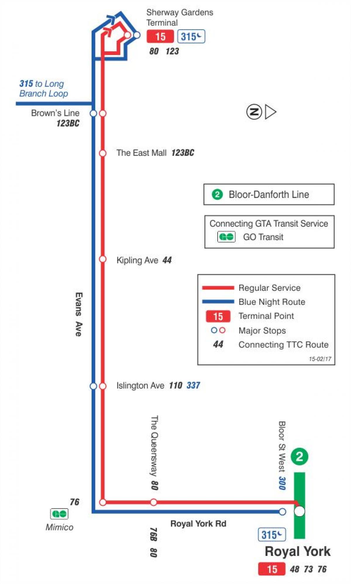 Mapa de TTC 15 Evans autobús de Toronto