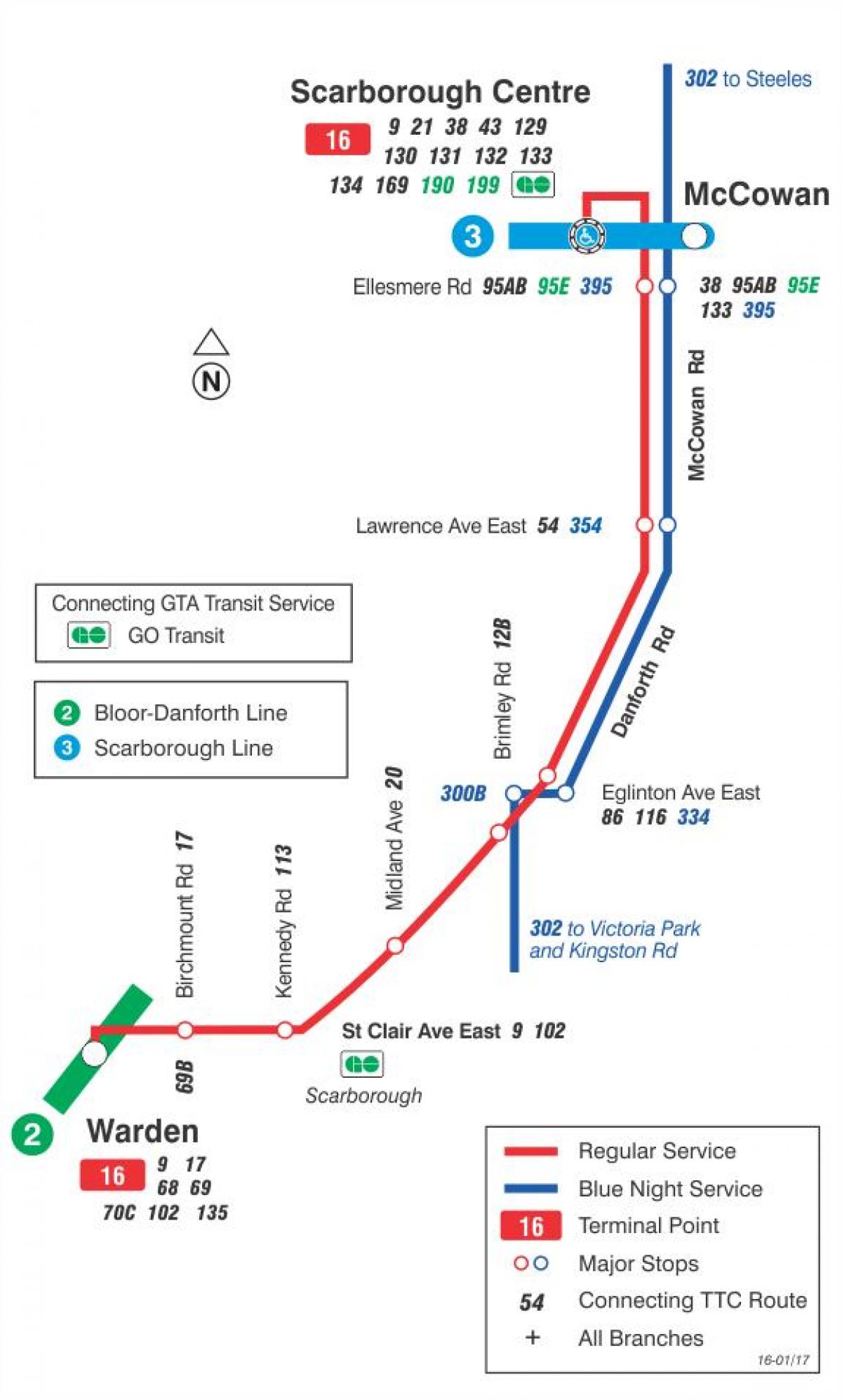Mapa de TTC 16 McCowan autobús de Toronto