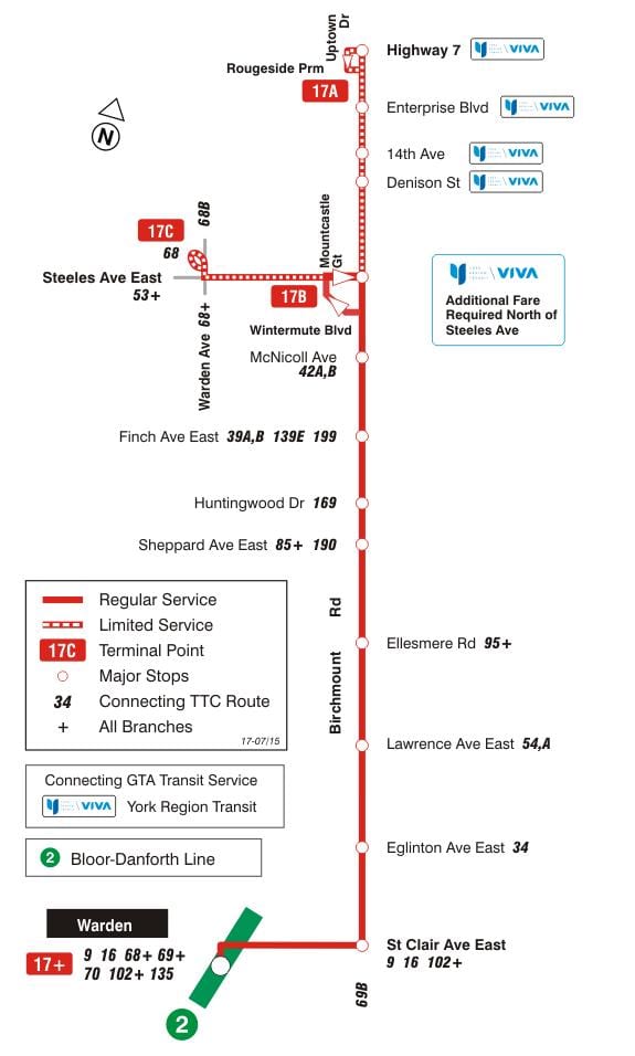 Mapa de TTC 17 Birchmount autobús de Toronto