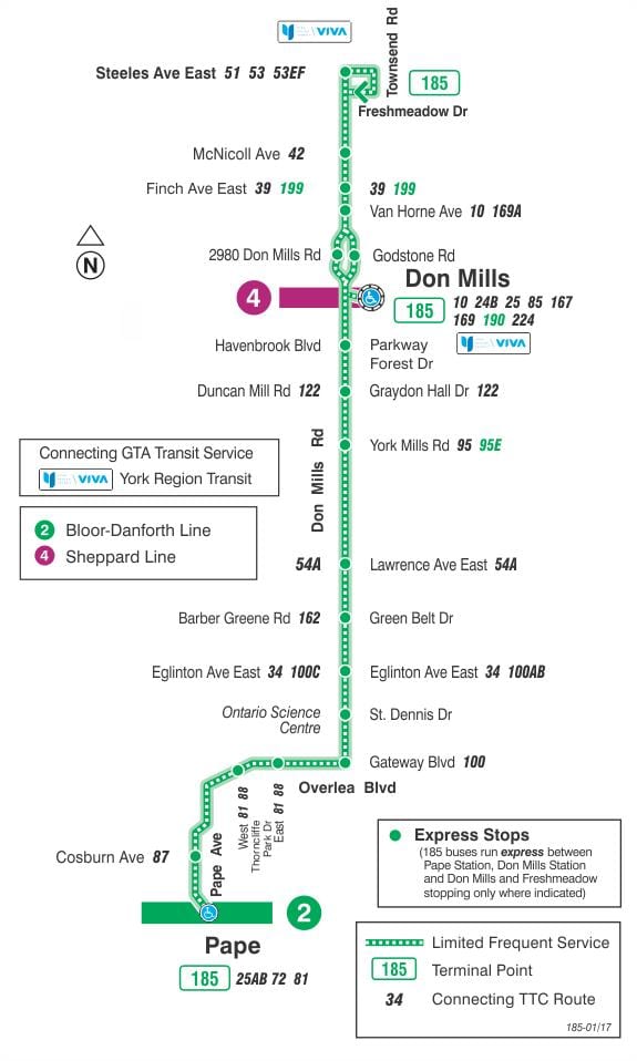 Mapa de TTC 185 Don Mills Coet autobús de Toronto