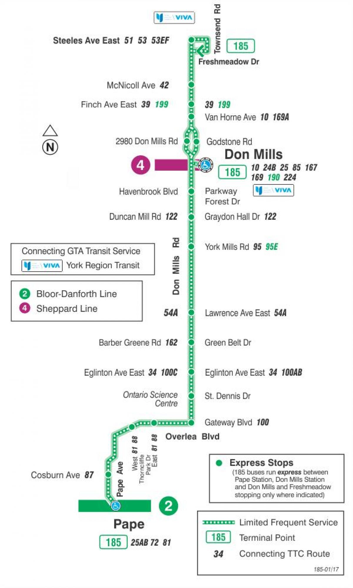 Mapa de TTC 185 Don Mills Coet autobús de Toronto