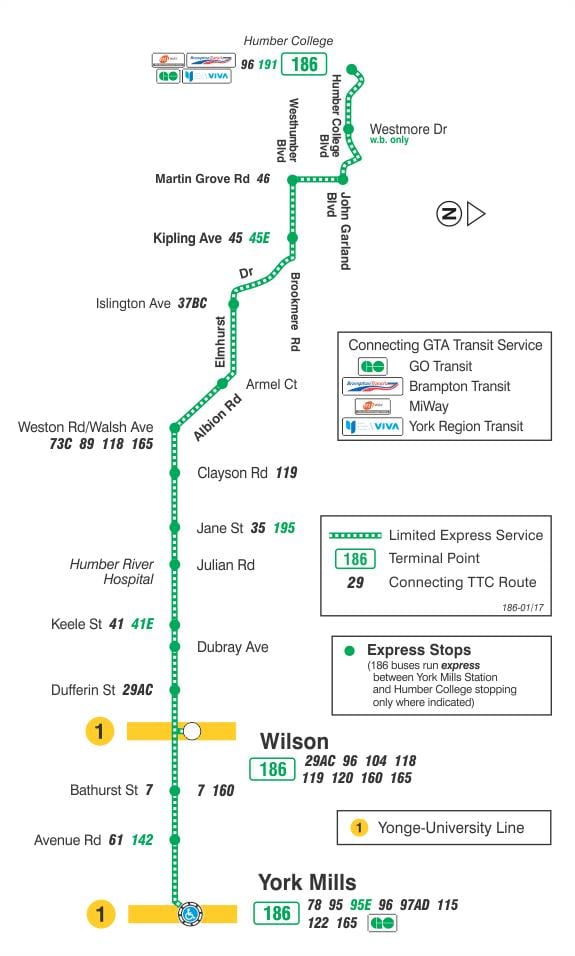 Mapa de TTC 186 Wilson Coet autobús de Toronto