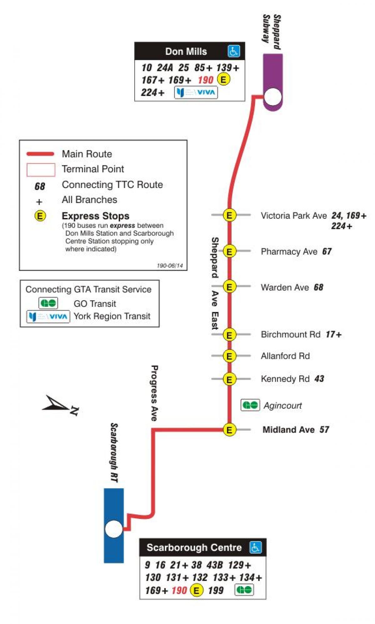 Mapa de TTC 190 Centre de Scarborough Coet autobús de Toronto