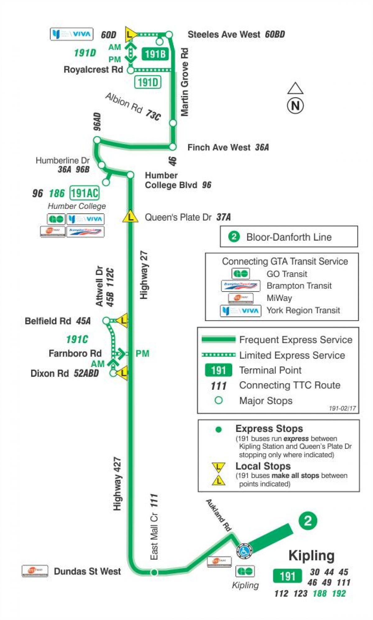 Mapa de TTC 191 Autopista 27 de Coets autobús de Toronto
