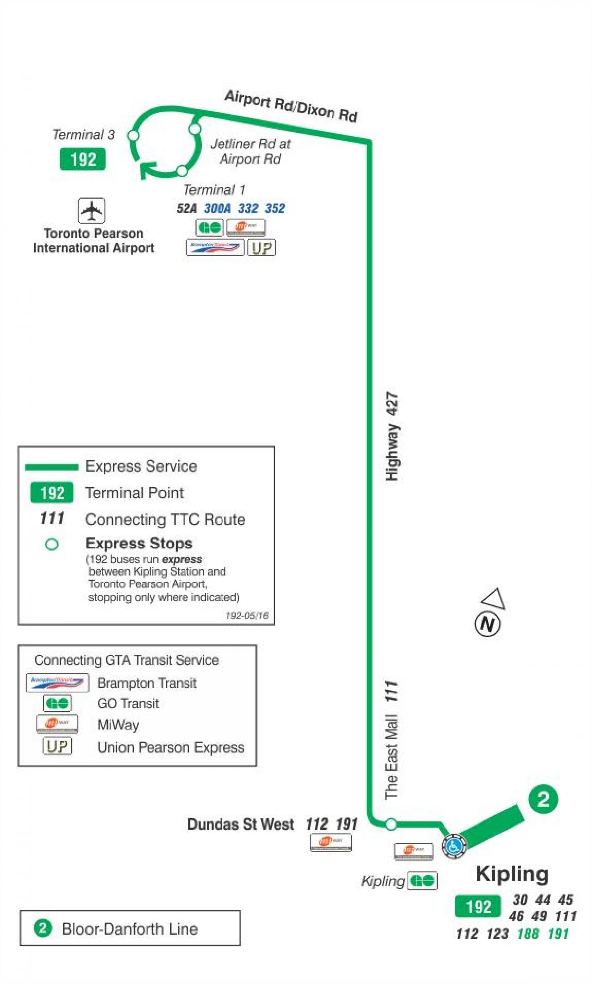 Mapa de TTC 192 Aeroport de Coets autobús de Toronto