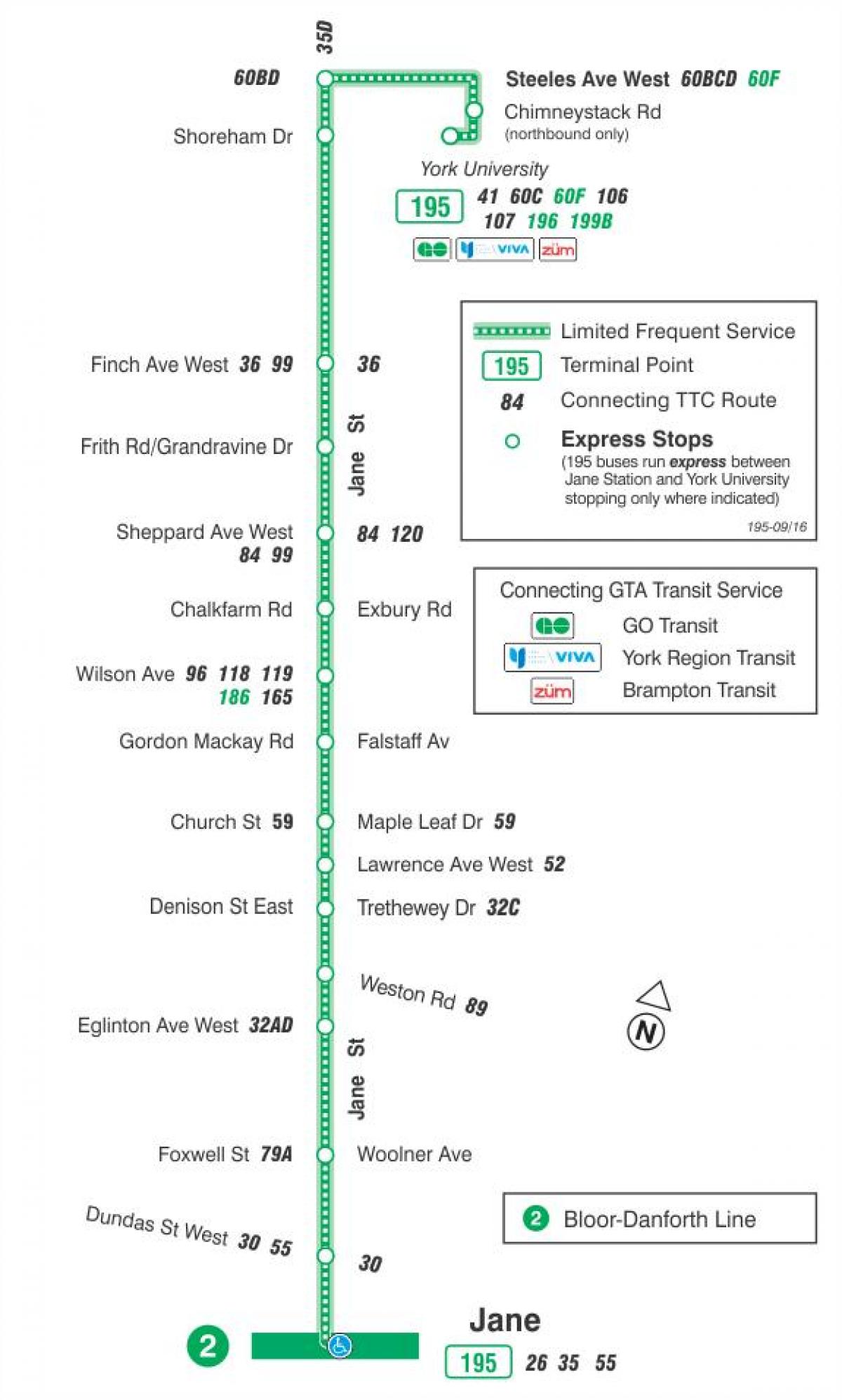 Mapa de TTC 195 Jane Coet autobús de Toronto