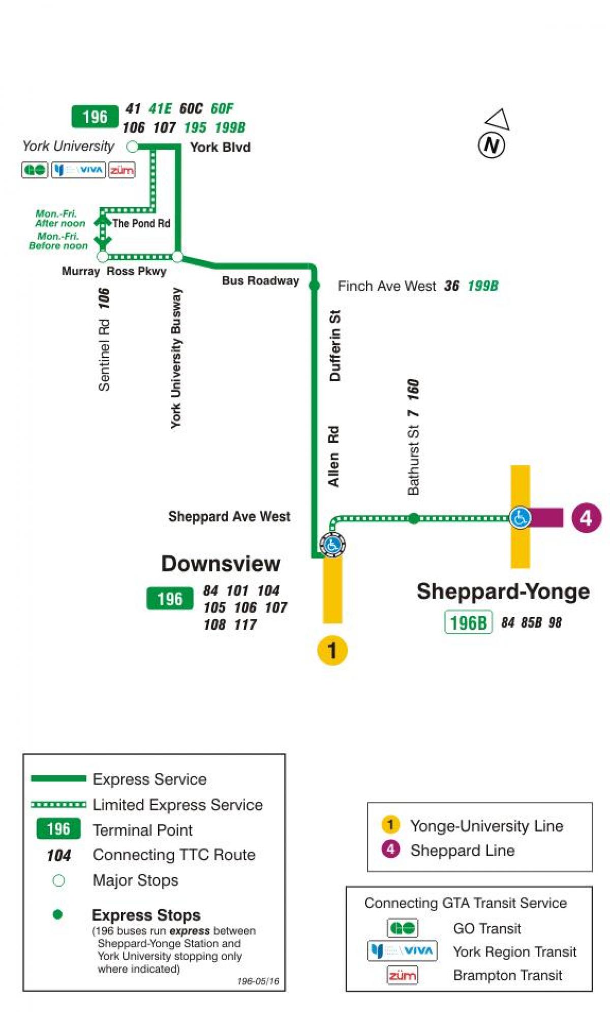 Mapa de TTC 196 de la Universitat de York Coet autobús de Toronto