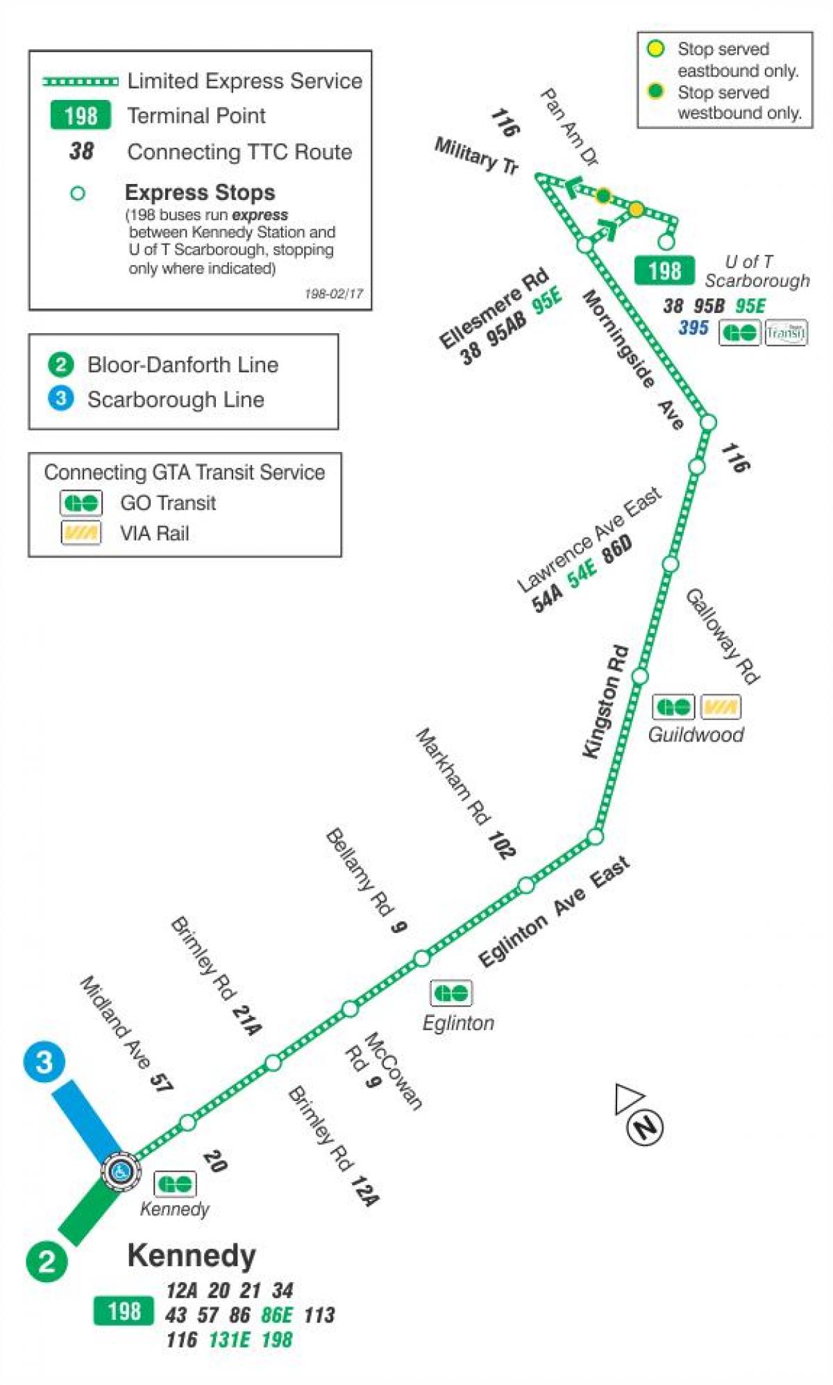 Mapa de TTC 198 U de T Scarborough Coet autobús de Toronto