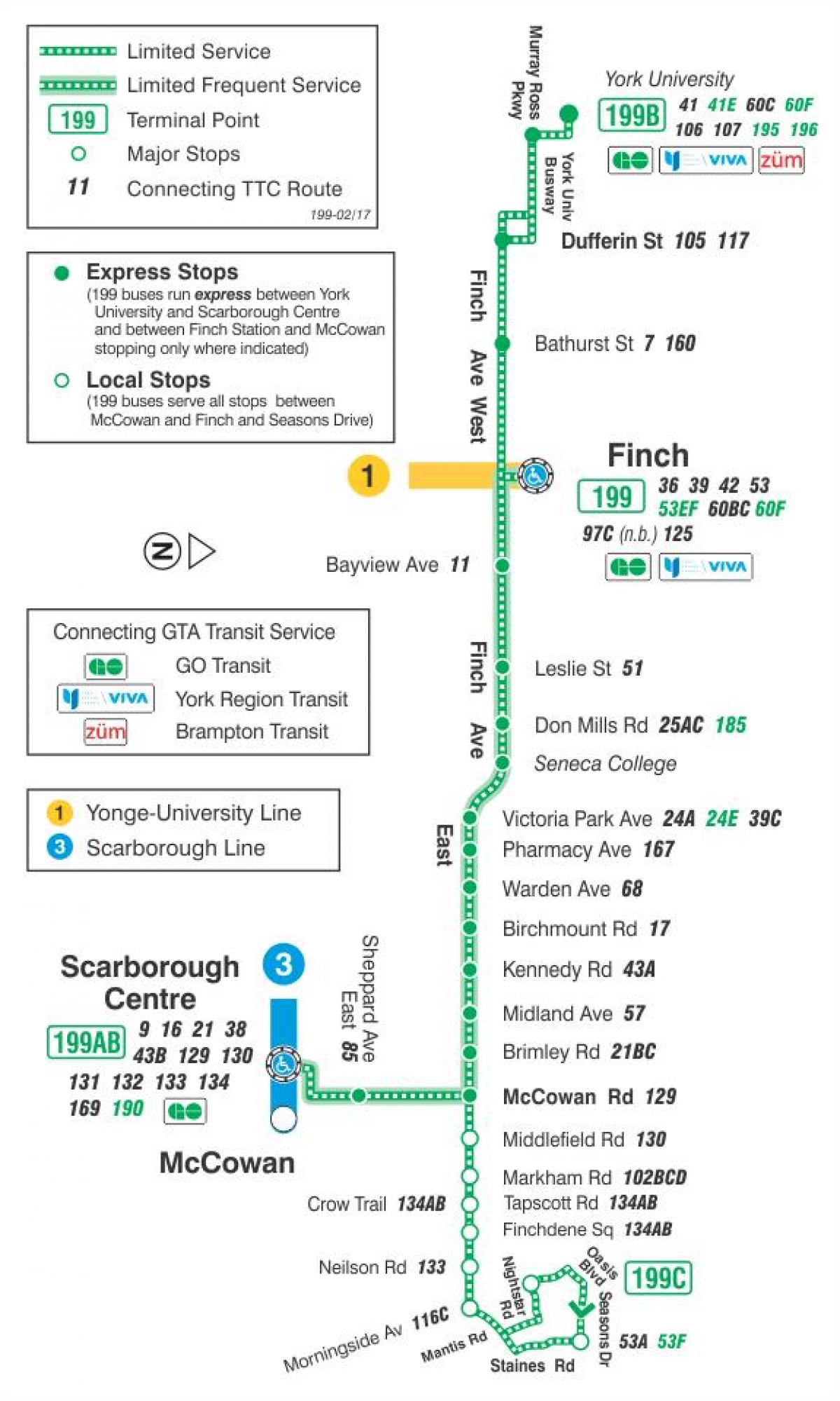 Mapa de TTC 199 Finch Coet autobús de Toronto
