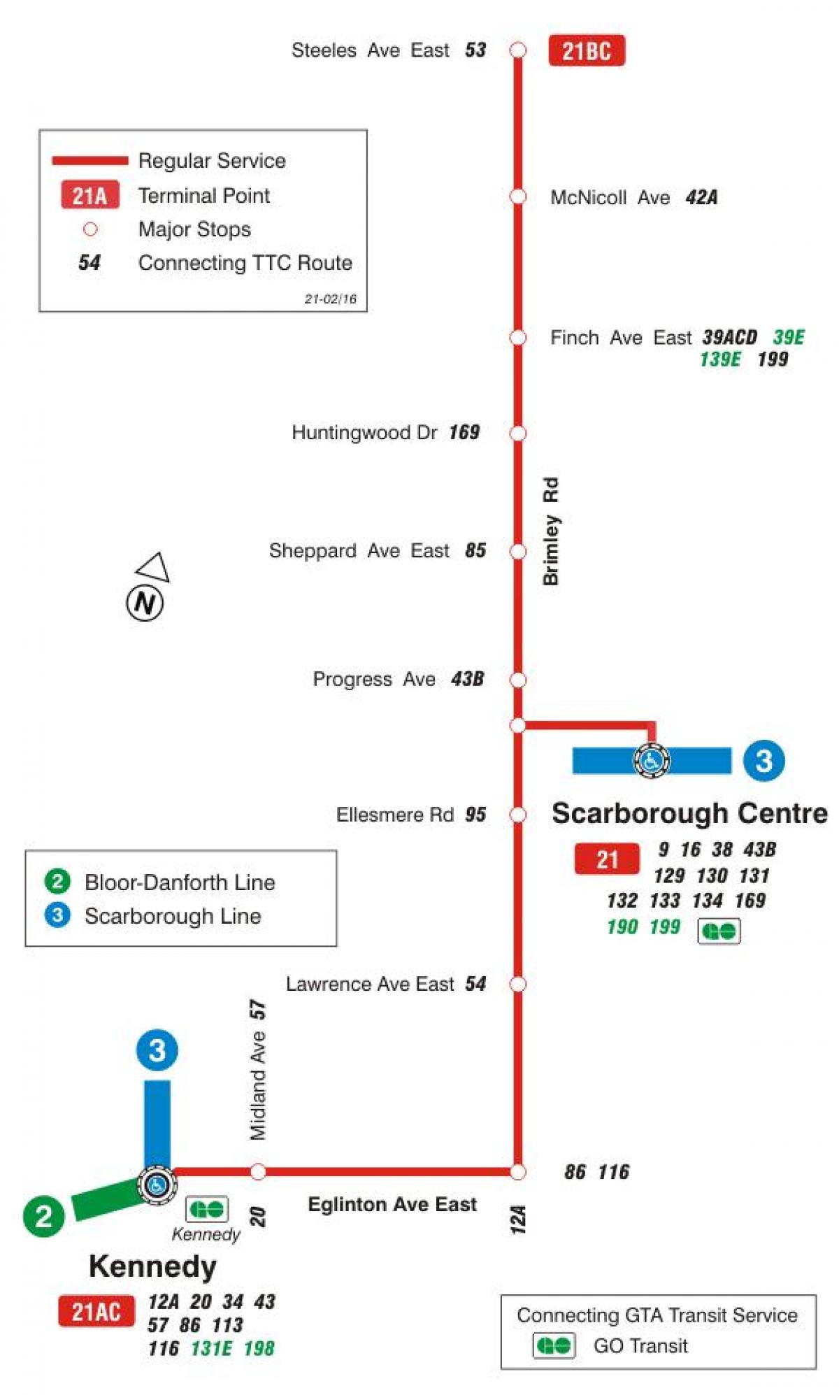 Mapa de TTC 21 Brimley autobús de Toronto