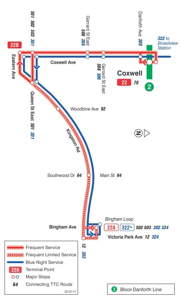 Mapa de TTC 22 Coxwell autobús de Toronto