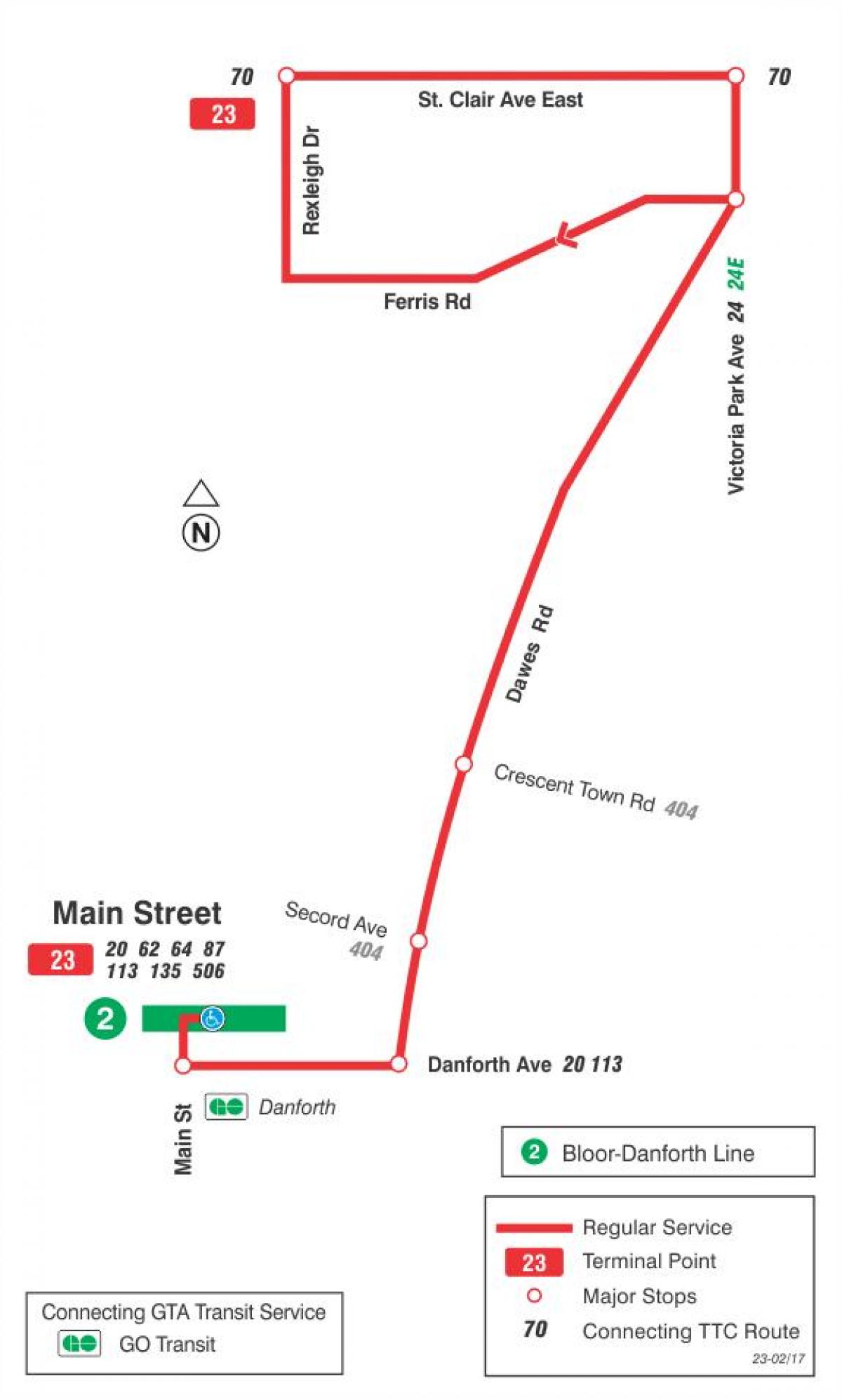 Mapa de TTC 23 Dawes autobús de Toronto
