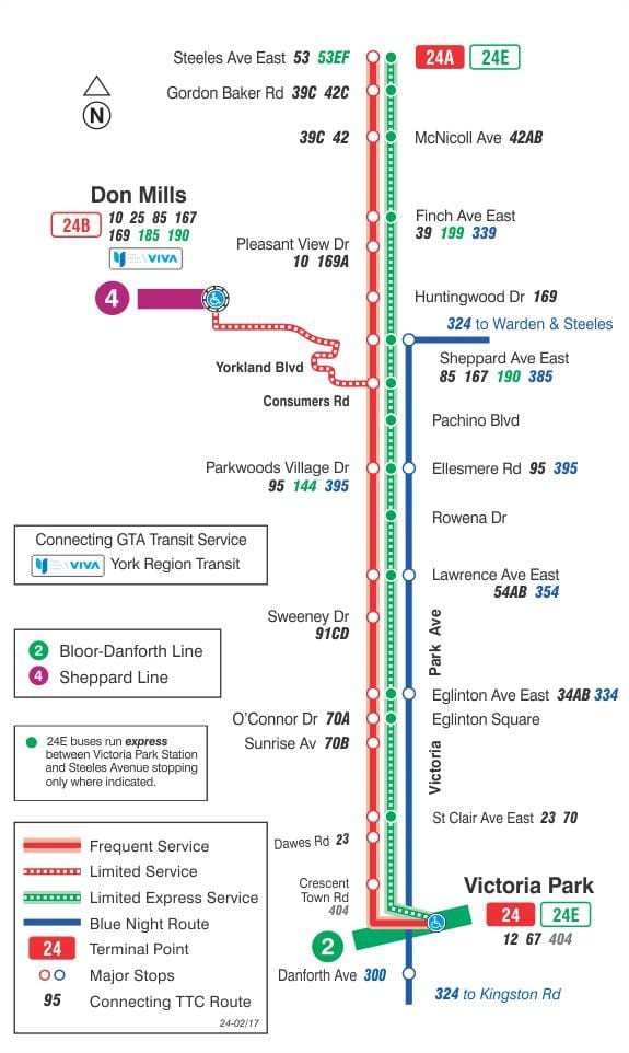 Mapa de TTC 24 Victoria Park autobús de Toronto