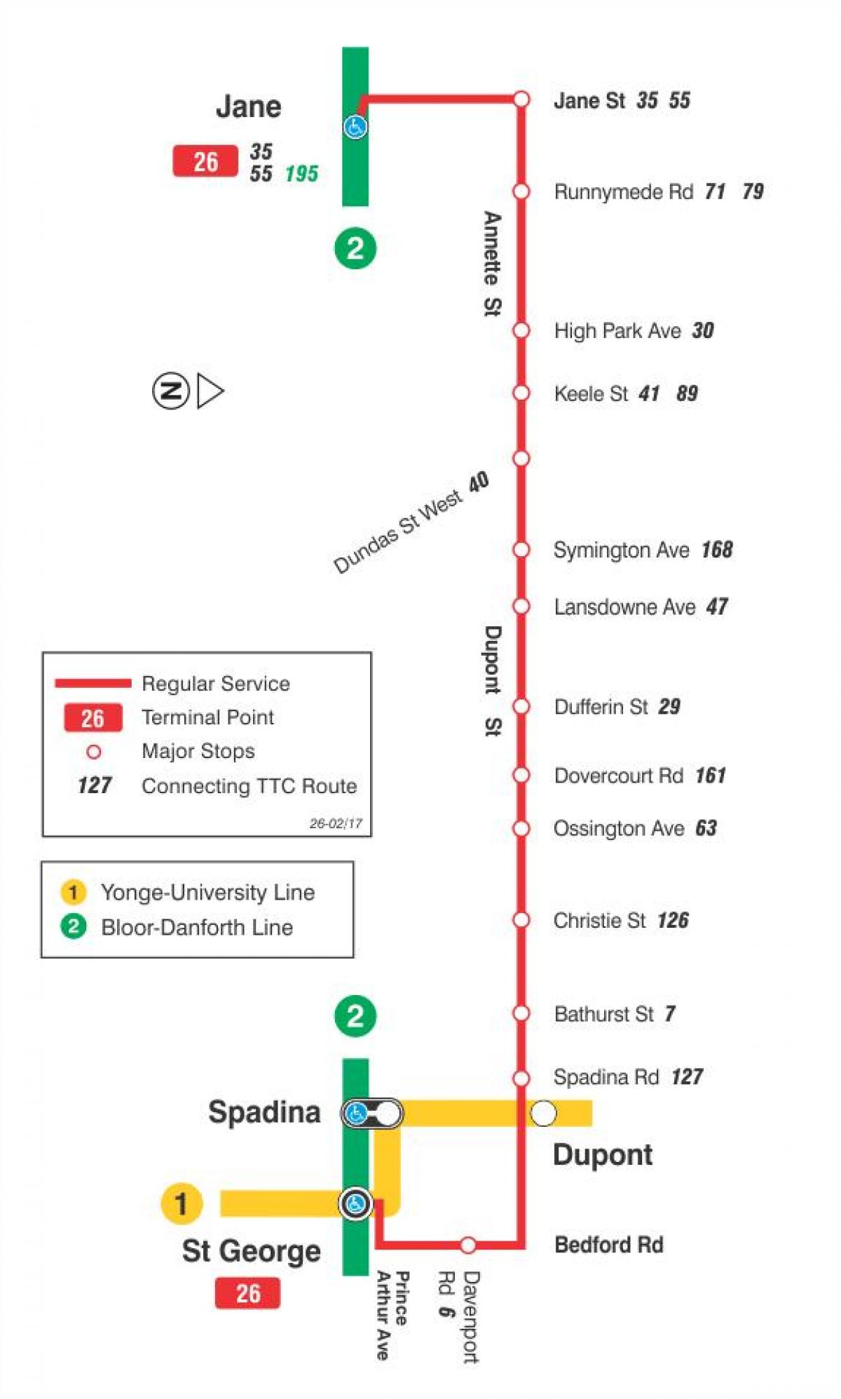 Mapa de TTC 26 Dupont autobús de Toronto