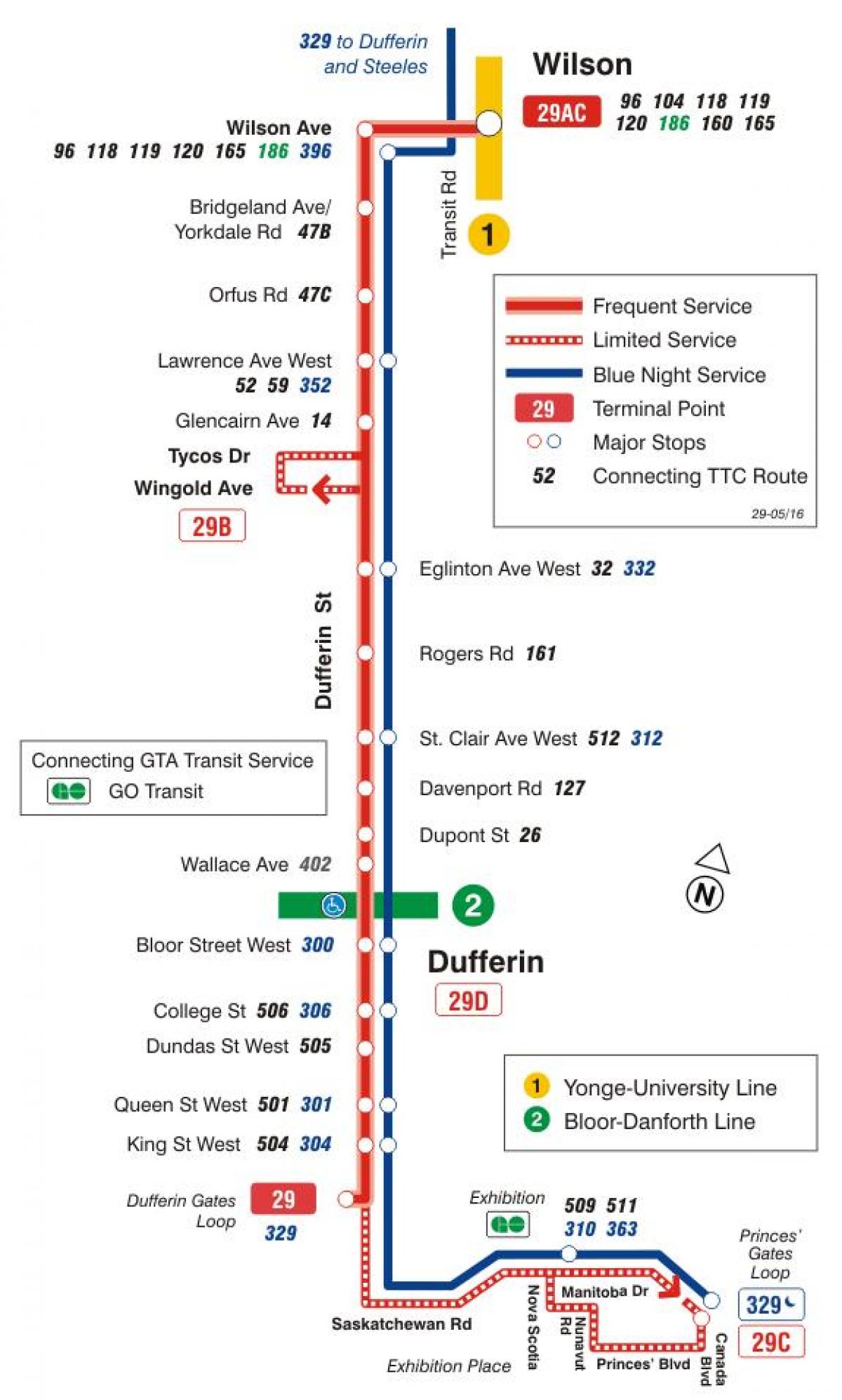 Mapa de TTC 29 Dufferin autobús de Toronto