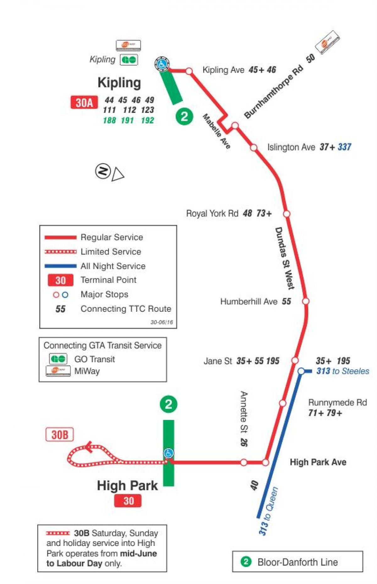 Mapa de TTC 30 Lambton autobús de Toronto