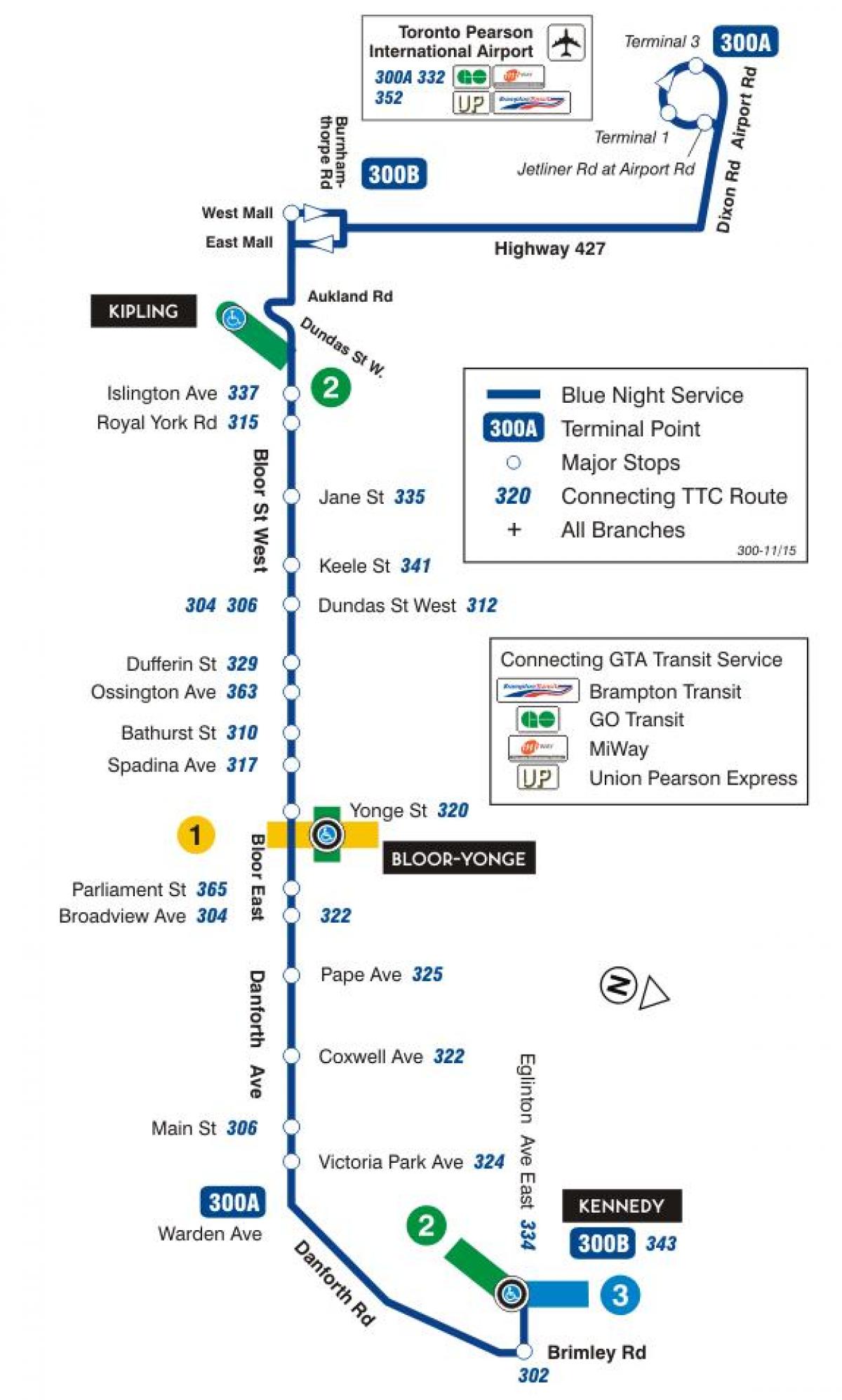 Mapa de TTC 300A Bloor-Danforth autobús de Toronto