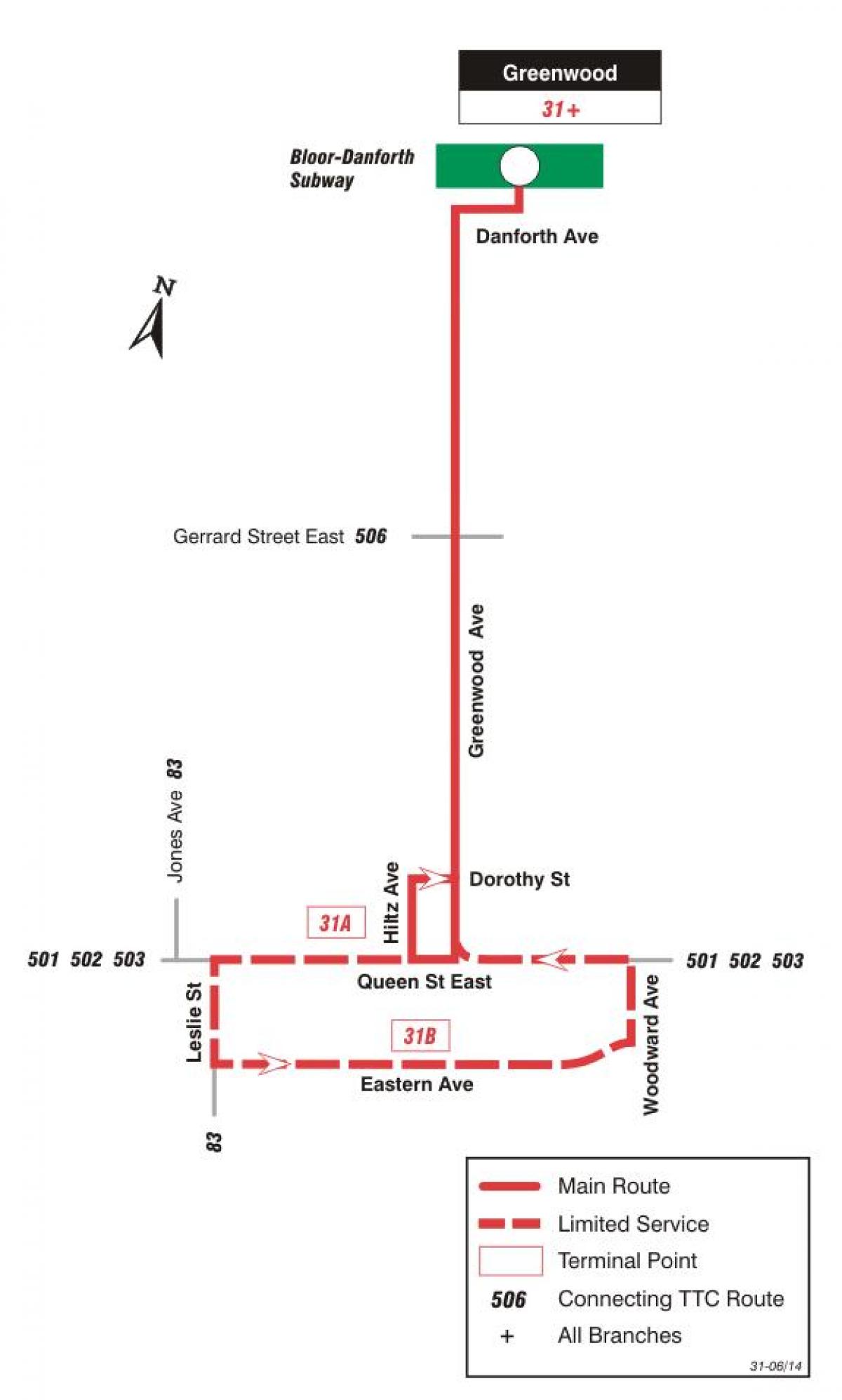 Mapa de TTC 31 de Greenwood autobús de Toronto