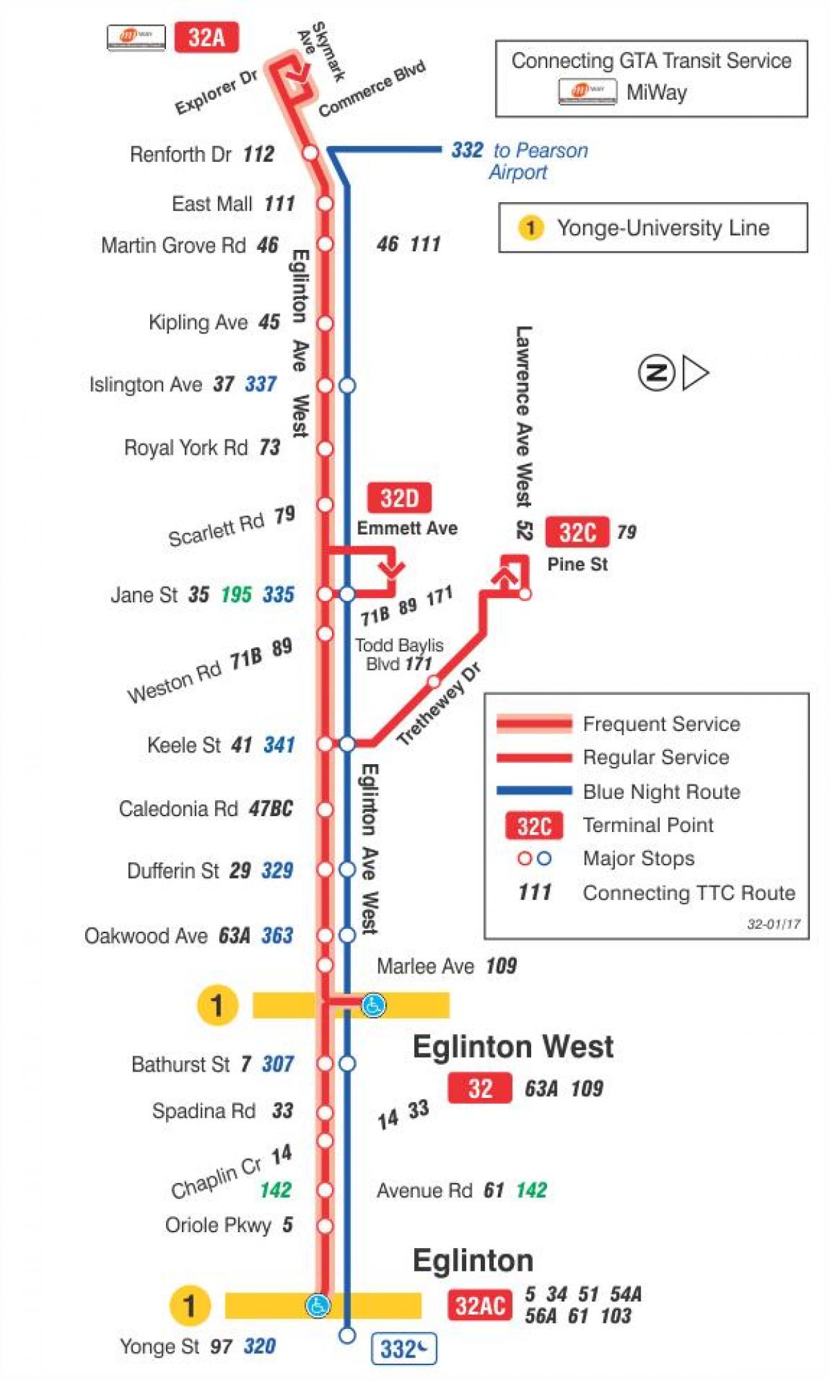 Mapa de TTC 32 Eglinton Oest autobús de Toronto