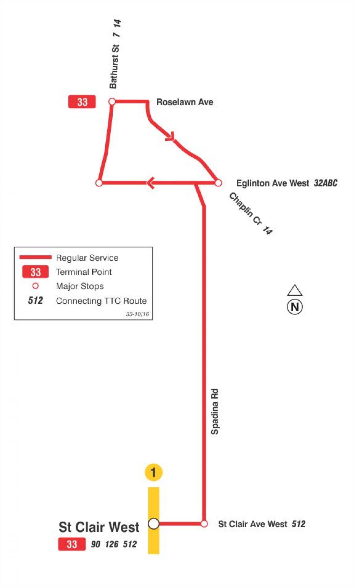 Mapa de TTC 33 Forest Hill autobús de Toronto