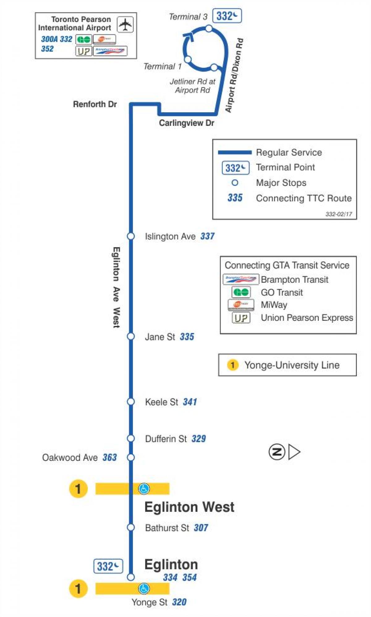 Mapa de TTC 332 Eglinton Oest autobús de Toronto
