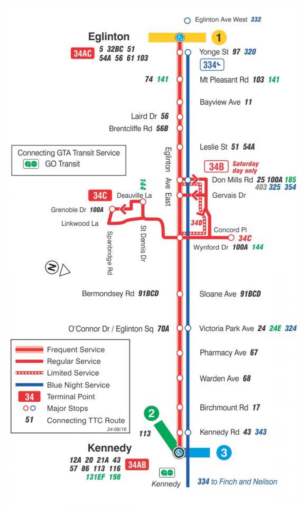 Mapa de TTC 34 Eglinton Est autobús de Toronto