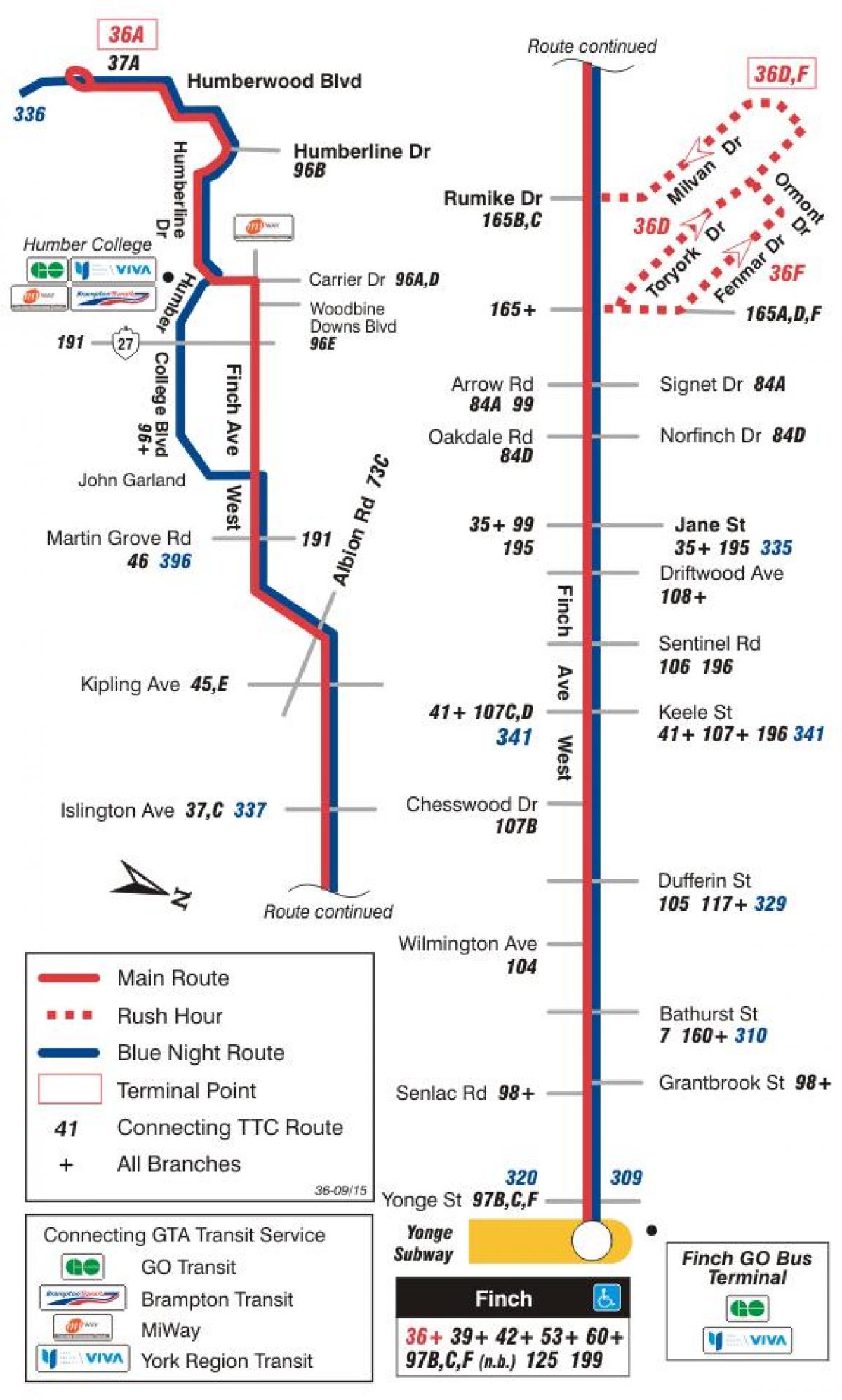 Mapa de TTC 36 Finch Oest autobús de Toronto