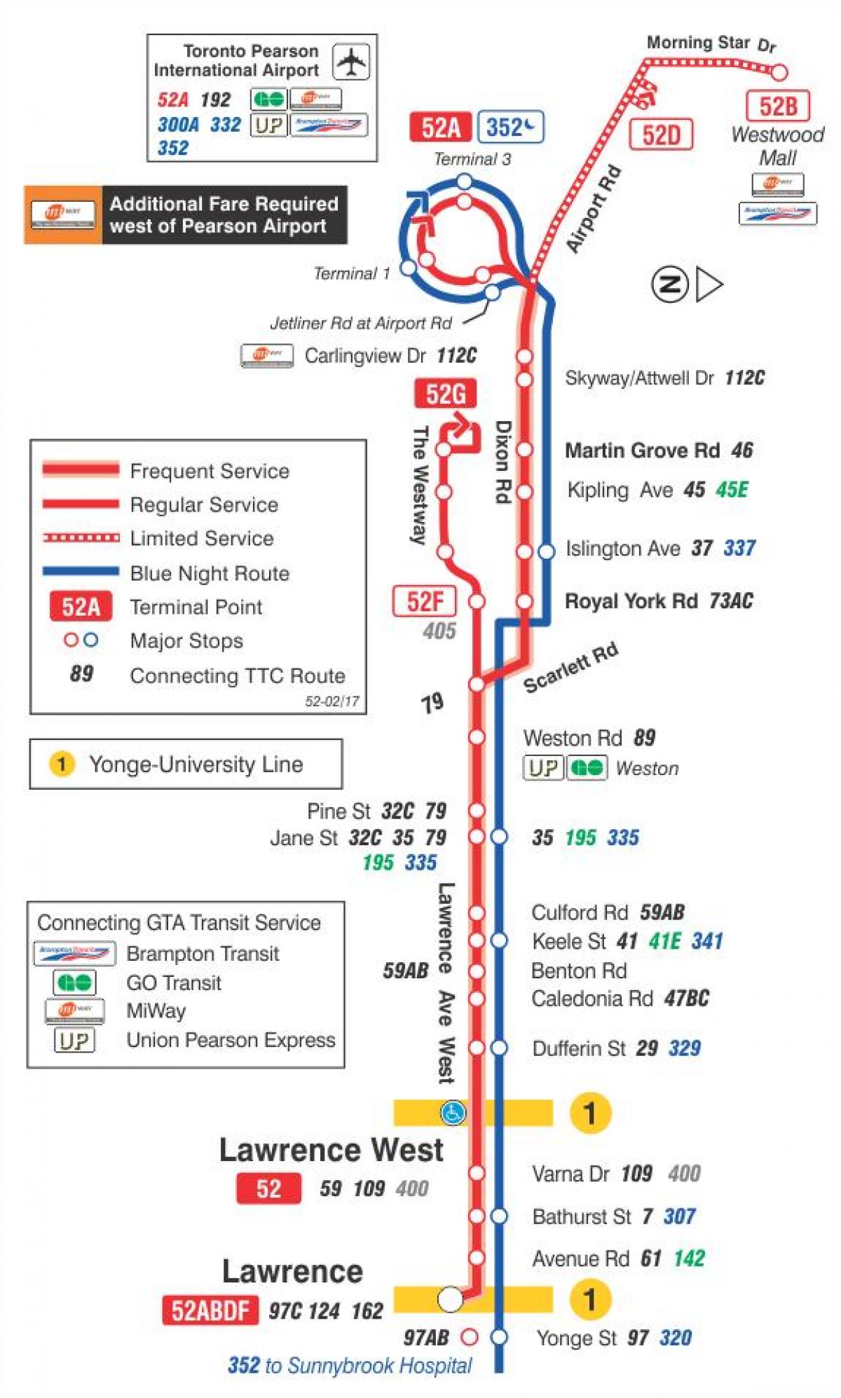 Mapa de TTC 52 Lawrence Oest autobús de Toronto