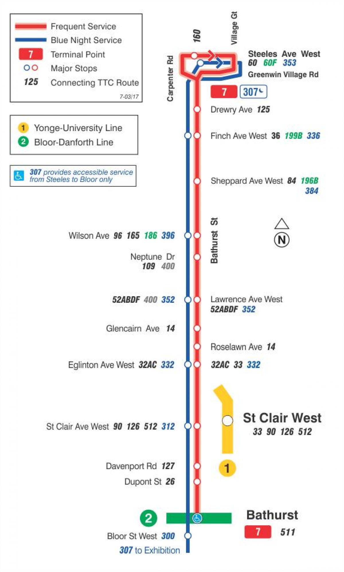 Mapa de TTC 7 Bathurst autobús de Toronto