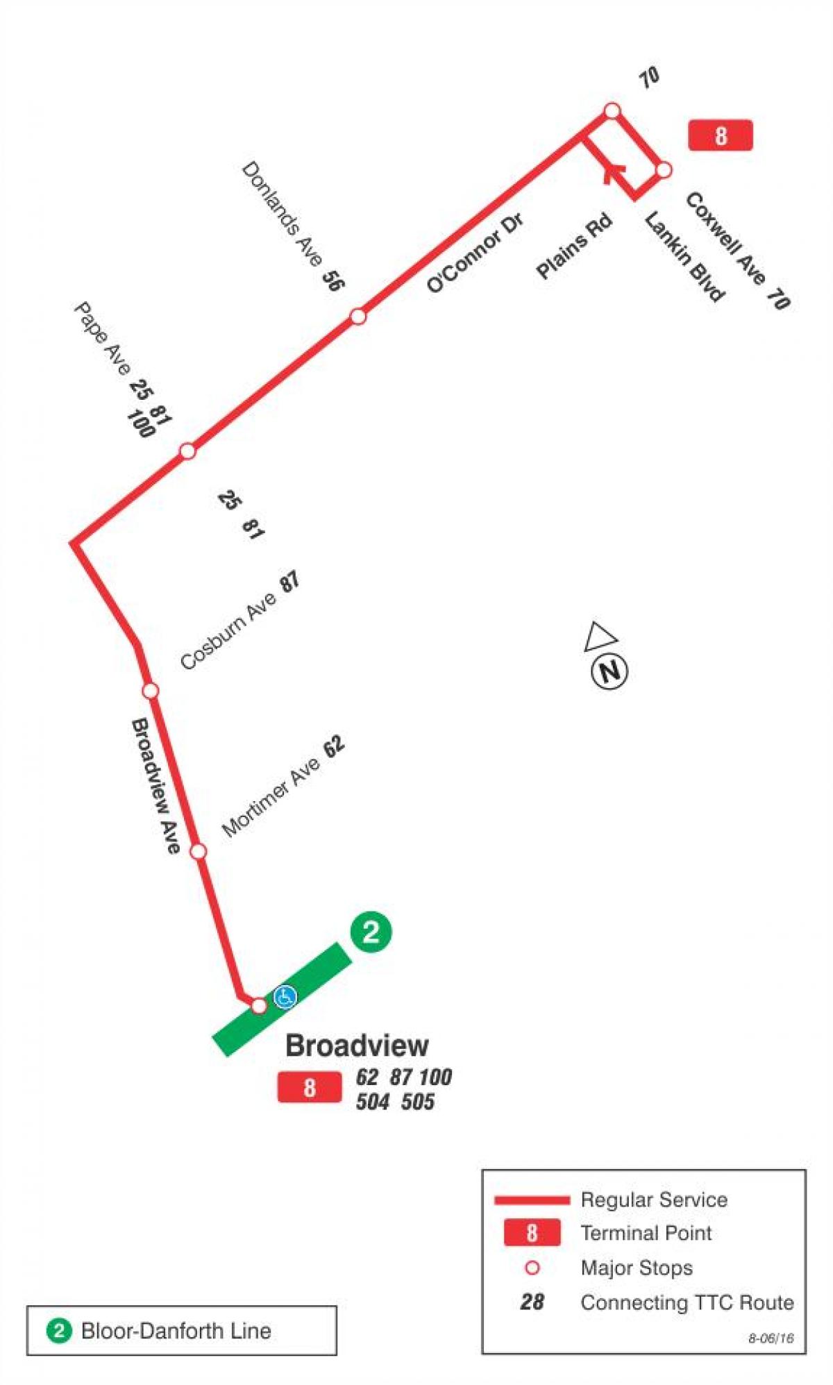 Mapa de TTC 8 Broadview autobús de Toronto