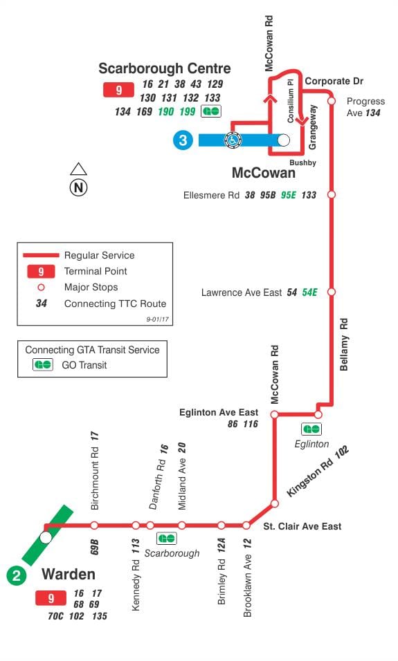 Mapa de TTC 9 Bellamy autobús de Toronto