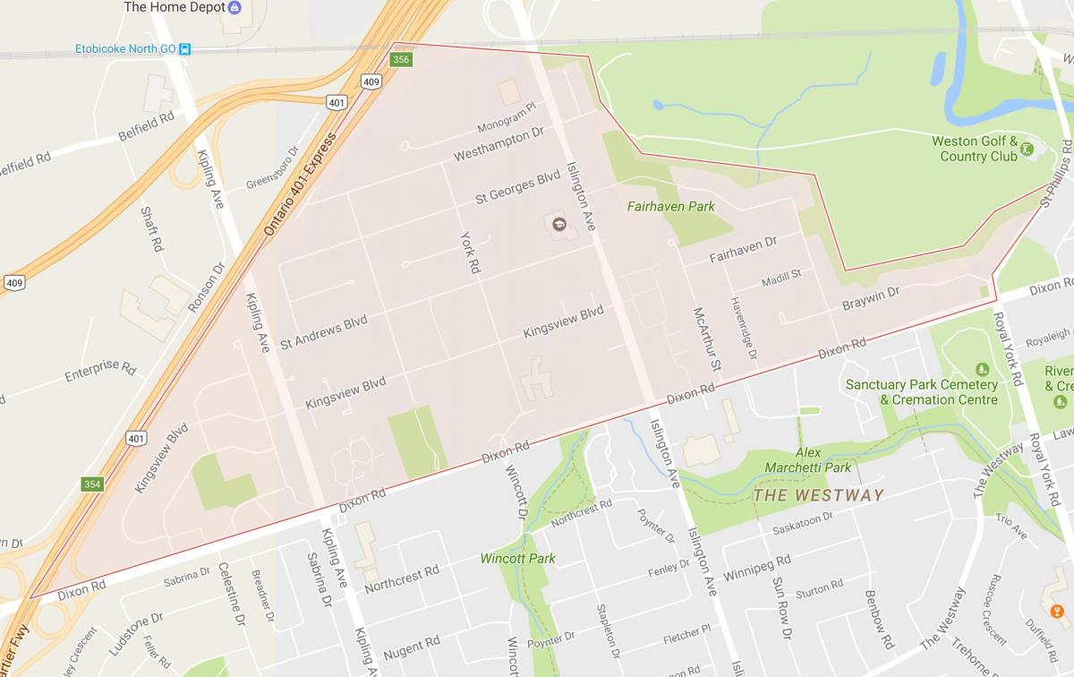 Mapa de Kingsview Poble, barri de Toronto