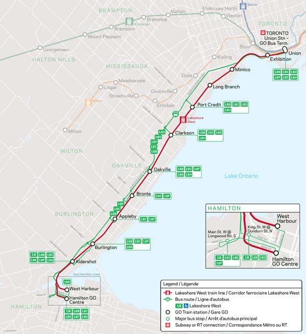 Mapa de la línia Lakeshore Oest Anar Trànsit
