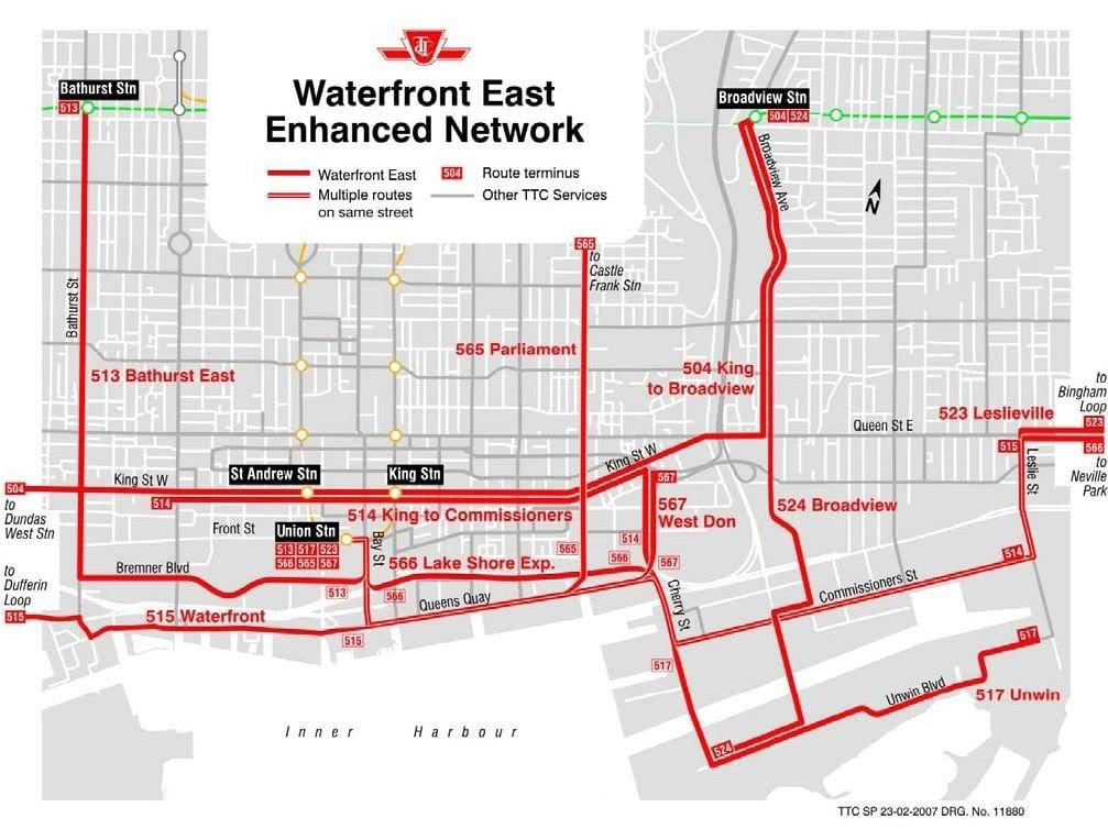 Mapa de la Costa Est de xarxa millorada de Toronto