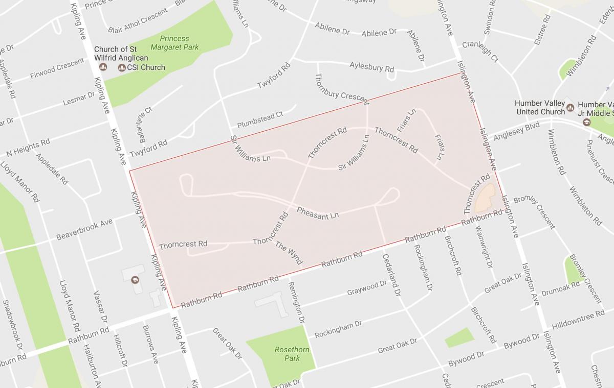 Mapa de Thorncrest Poble, barri per barri de Toronto
