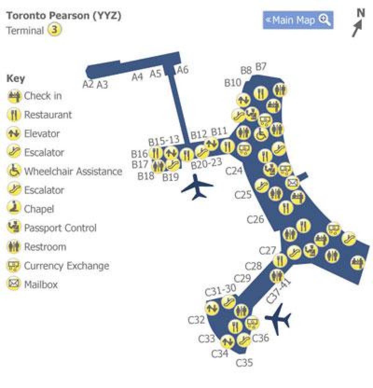 Mapa de Toronto Pearson terminal de l'aeroport de 3