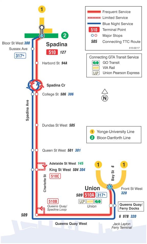 Mapa de tramvia de la línia 510 Spadina