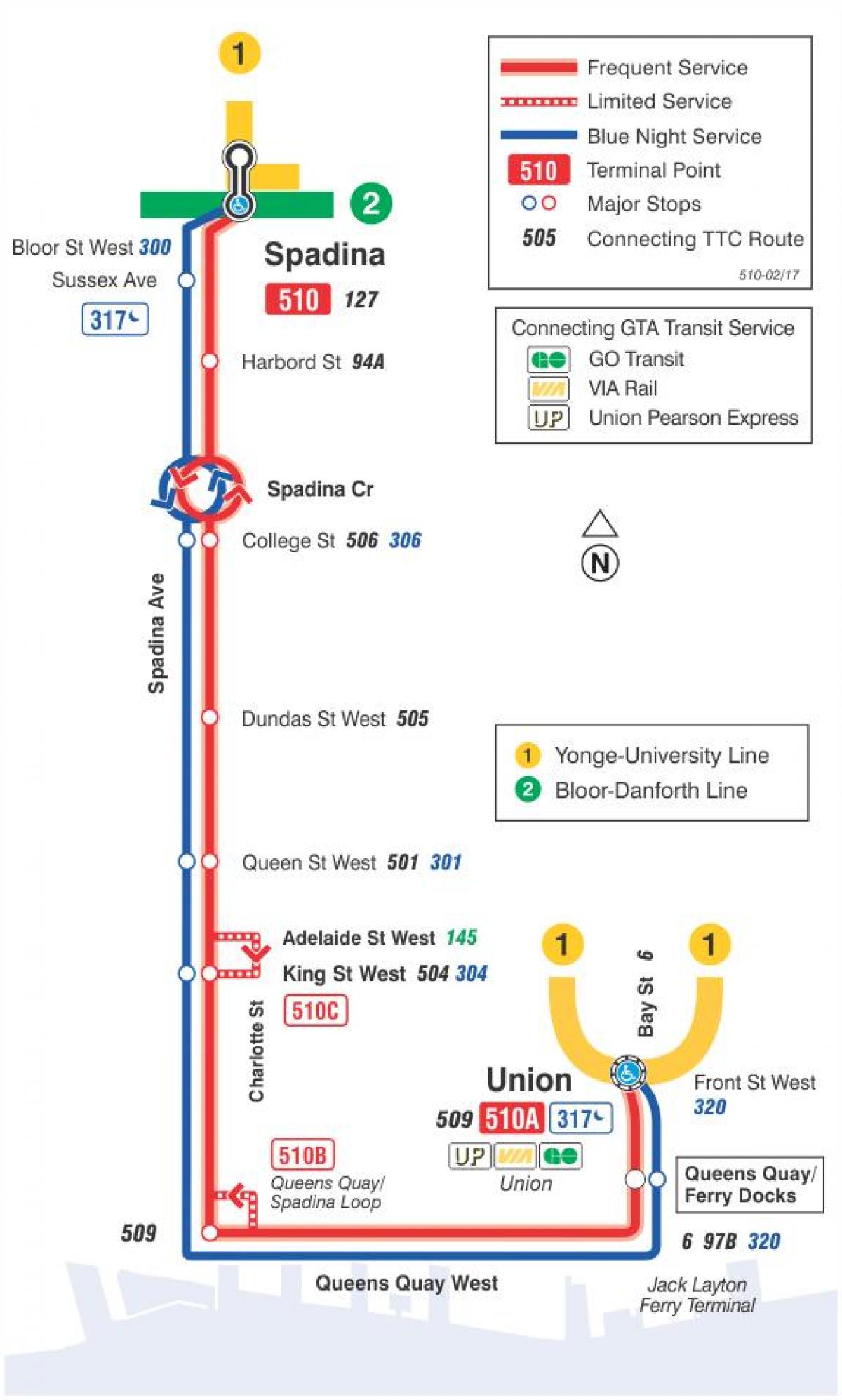 Mapa de tramvia de la línia 510 Spadina