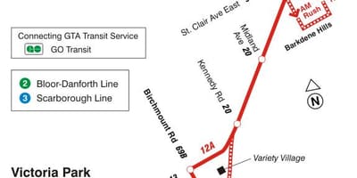 Mapa de TTC 12 Kingston Rd autobús de Toronto