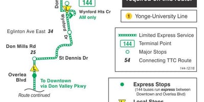 Mapa de TTC 144 del Centre / Don Vall Express autobús de Toronto