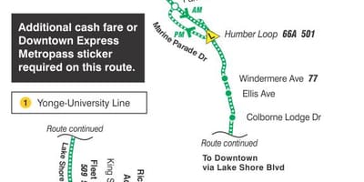 Mapa de TTC 145 Centre / Humber Badia Express autobús de Toronto