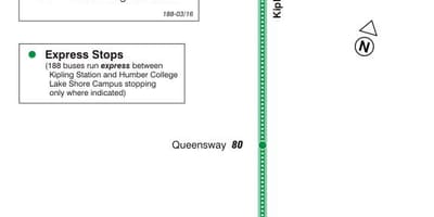 Mapa de TTC 188 Kipling Sud Coet autobús de Toronto