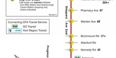 Mapa de TTC 190 Centre de Scarborough Coet autobús de Toronto