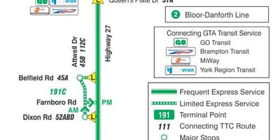 Mapa de TTC 191 Autopista 27 de Coets autobús de Toronto