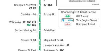 Mapa de TTC 195 Jane Coet autobús de Toronto