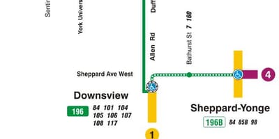 Mapa de TTC 196 de la Universitat de York Coet autobús de Toronto